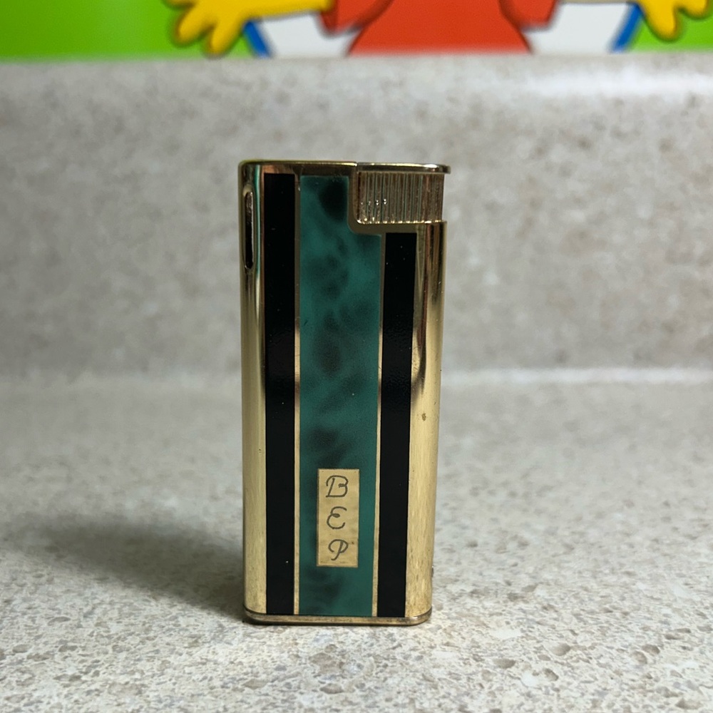 Vintage Colibri Lighter Gold Tone and Green Engraved “BEP”